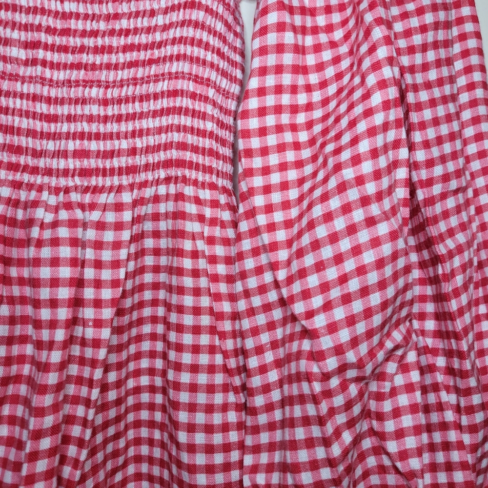 Sleeper 100% linen red gingham Atlanta dress with puff sleeves, small - Picture 12 of 16